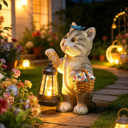 Brightown Solar Cat Garden Decor Statue with Solar Lantern Light, Hand-Painted Resin, IP65 Waterproof Outdoor Decor for Patio, Balcony & Yard Decorations, Unique Mothers Day Gifts for Mom Women