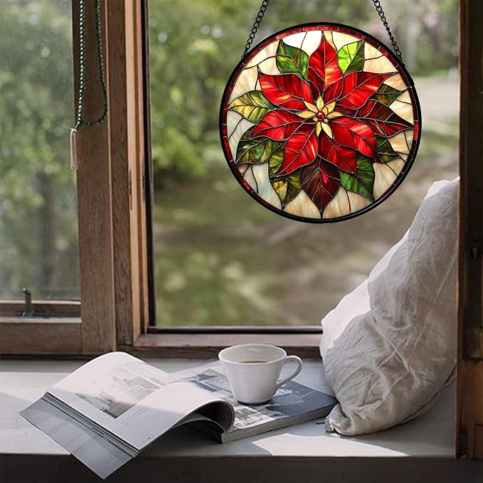 HWRHTR Stained Glass Window Hanging - Red Poinsettia Birth Flowers Suncatcher for Door Garden Yard Sun Catchers Decor Christmas Mother's Day Birthday Gifts for Women Mom Nana Teacher Friend 15 in