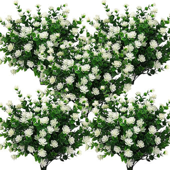 Grunyia 10 Bundles Artificial Fake Flowers, Faux Outdoor Plastic Plants UV Resistant Shrubs Outside Indoor Decorations (White-Eucalyptus)