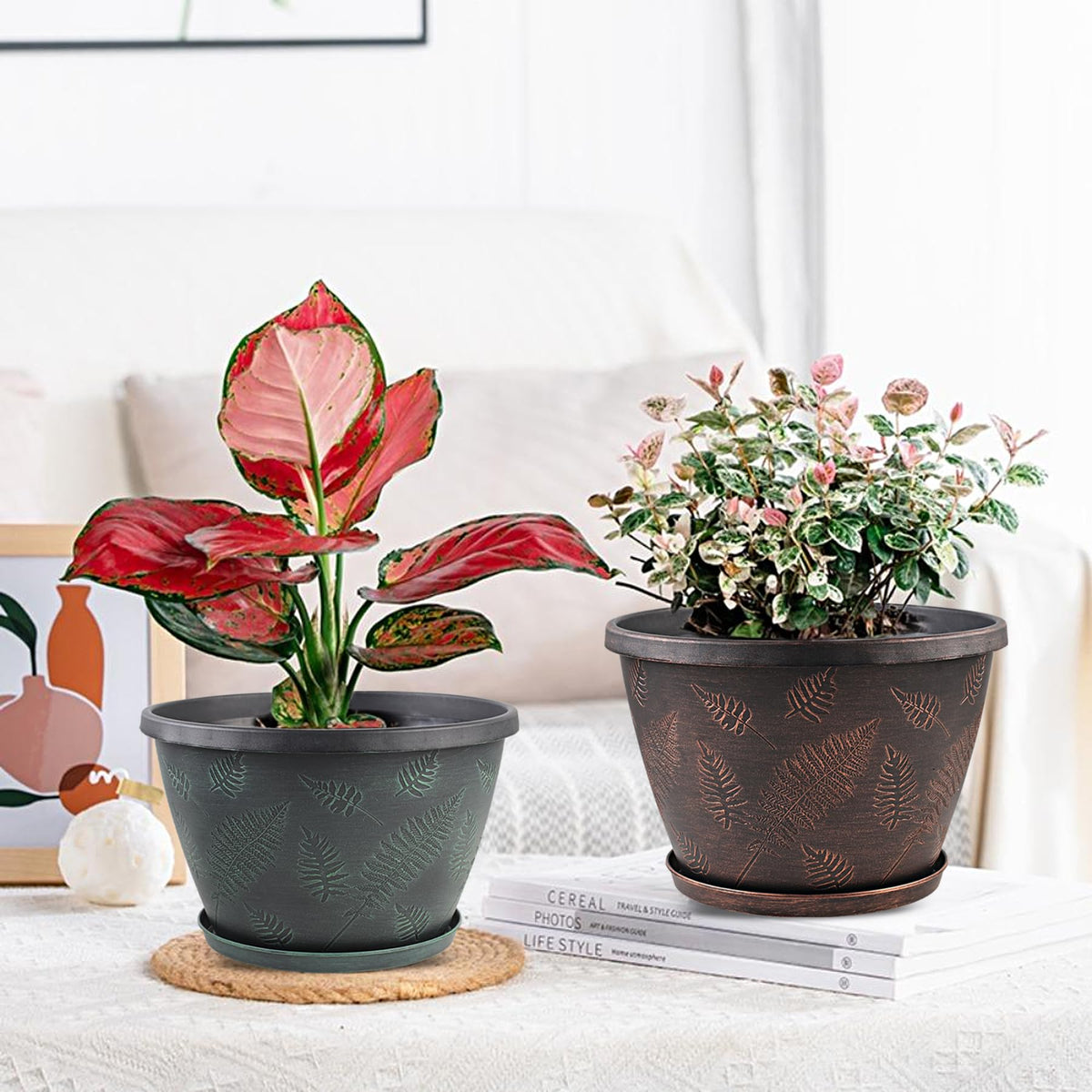 11 inch Plant Pot Set of 3, Plastic Flower Pots with Drainage Holes & Tray