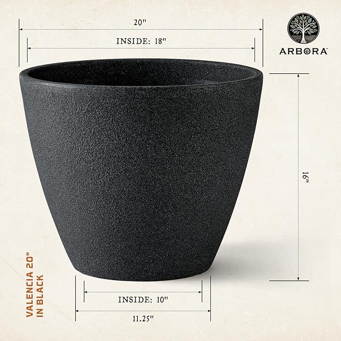 ARBORA 20" Valencia Polyresin Indoor and Outdoor Planter with Classic Black Finish - Durable, Weatherproof, Lightweight, Large Plant Pot for Patio, Garden, Deck, Entryway