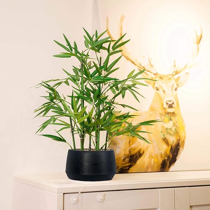 365 Blooming Decor 18-inch Tall Potted Faux Bamboo Plant (Black Pot) - Luxury Artificial Bamboo in Black Textures Pot for Home, Office, Kitchen, Counter Top, Indoor Decor, Money Tree, Lucky Tree