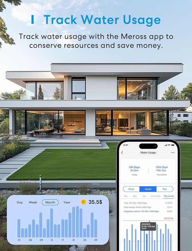meross WiFi Water Timer for Garden Hose, Smart Hose Timer with Brass Inlet & Outet, WiFi Sprinkler Valve Work with Apple Homekit, Alexa & Google Assistant, Smart Rain Skip for Lawn, Garden & Yard