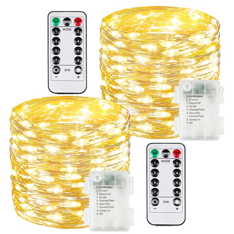 2 Pack 100 LED Fairy Lights Battery Operated with Remote, 33 FT Warm White