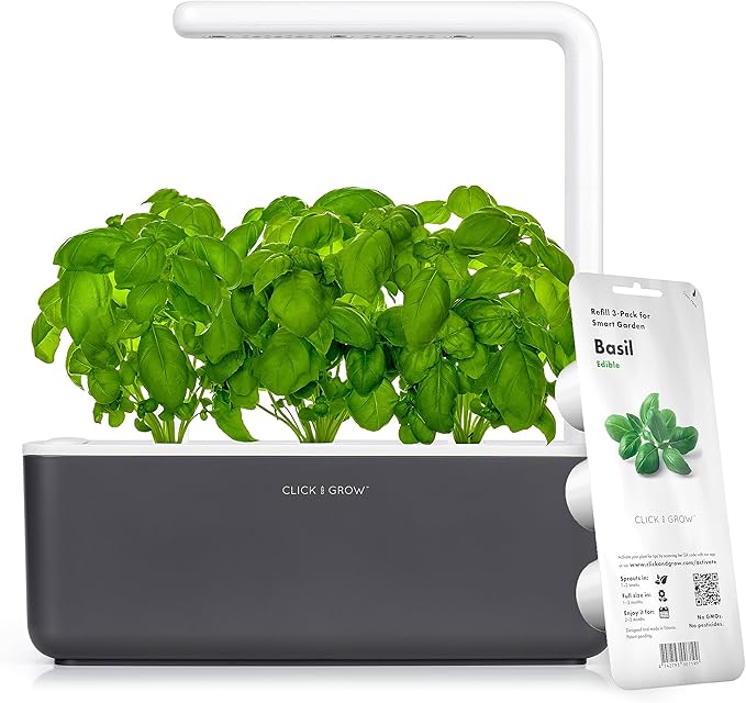 Click & Grow Indoor Herb Garden Kit with Grow Light | Smart Garden for Home Kitchen Windowsill | Easier Than Hydroponics Growing System | Vegetable Gardening Starter (3 Basil Pods Included), Grey