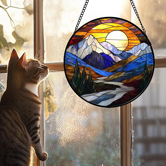 Stained Glass Window Hanging, Yellow Blue Sunset Mountains Scenery Sun Catcher for Window Home Decor Landscape Suncatcher Mother's Day Birthday Gifts for Women Men Mom and Nana 9.8 in
