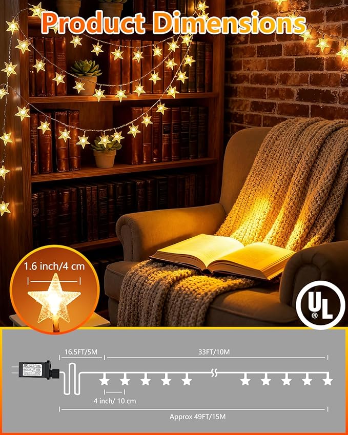 Twinkle Star 2 Pack 100 LED Star String Lights, Plug in Fairy String Lights Waterproof, Extendable for Indoor, Outdoor, Wedding Party, Christmas Tree, New Year, Garden Decoration, Warm White