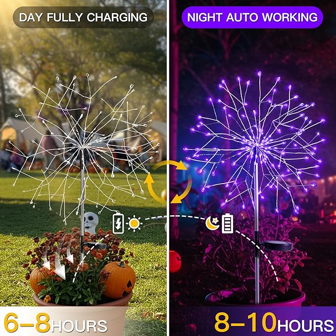 suddus 2 Pack Purple Halloween Lights Outdoor, 150LED Purple Solar Garden Lights with 8 Modes, Waterproof Solar Firework Light for Halloween Yard Garden Decorations