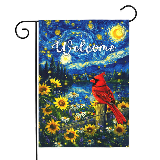 Dacawin Summer Cardinal Garden Flag Sunflower Floral Starry Night House Banner Red Cardinal Bird Welcome Yard Flags Artistic Night Sky Lake Scene Double Sided Farmhouse Porch Patio Lawn 12x18 Inch