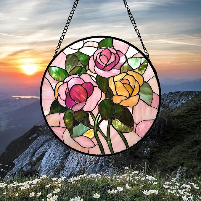 DASTOLL Stained Glass Window Hanging 4 Pcs Set Pink Floral Theme 7.8" - Flowers Suncatcher Door Garden Sun Catcher Decor Birthday Christmas for Mom Woman Nana Men Friend