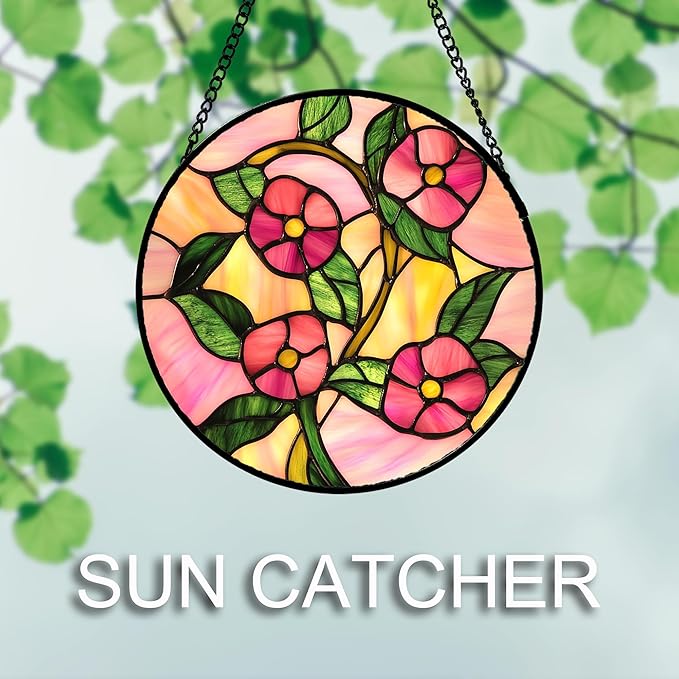 DASTOLL Stained Glass Window Hanging 4 Pcs Set Pink Floral Theme Large 11.8" - Flowers Suncatcher Door Garden Sun Catcher Decor Birthday Christmas for Mom Woman Nana Men Friend