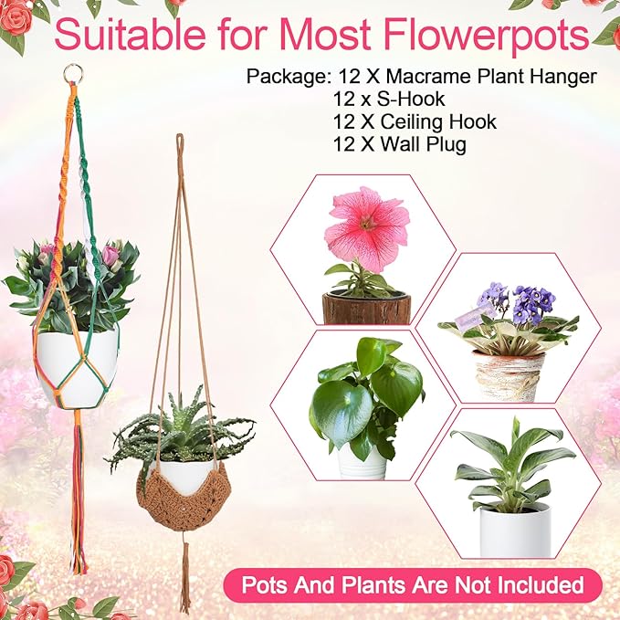Hoteam 12 Pcs Macrame Plant Hangers Macrame Hanging Planters for Indoor Plants Handmade Boho Hanging Baskets Flower Pots Holder for Outdoor Home Wall Decor