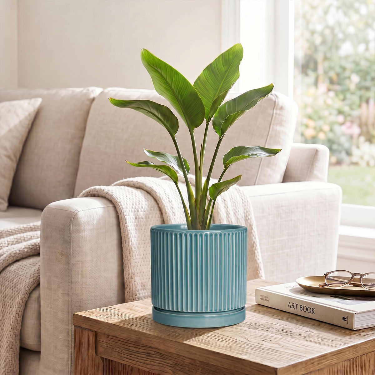 Wliror 6 Inch Flower Pots, Ceramic Pots for Plants with Tray, Glaze Blue