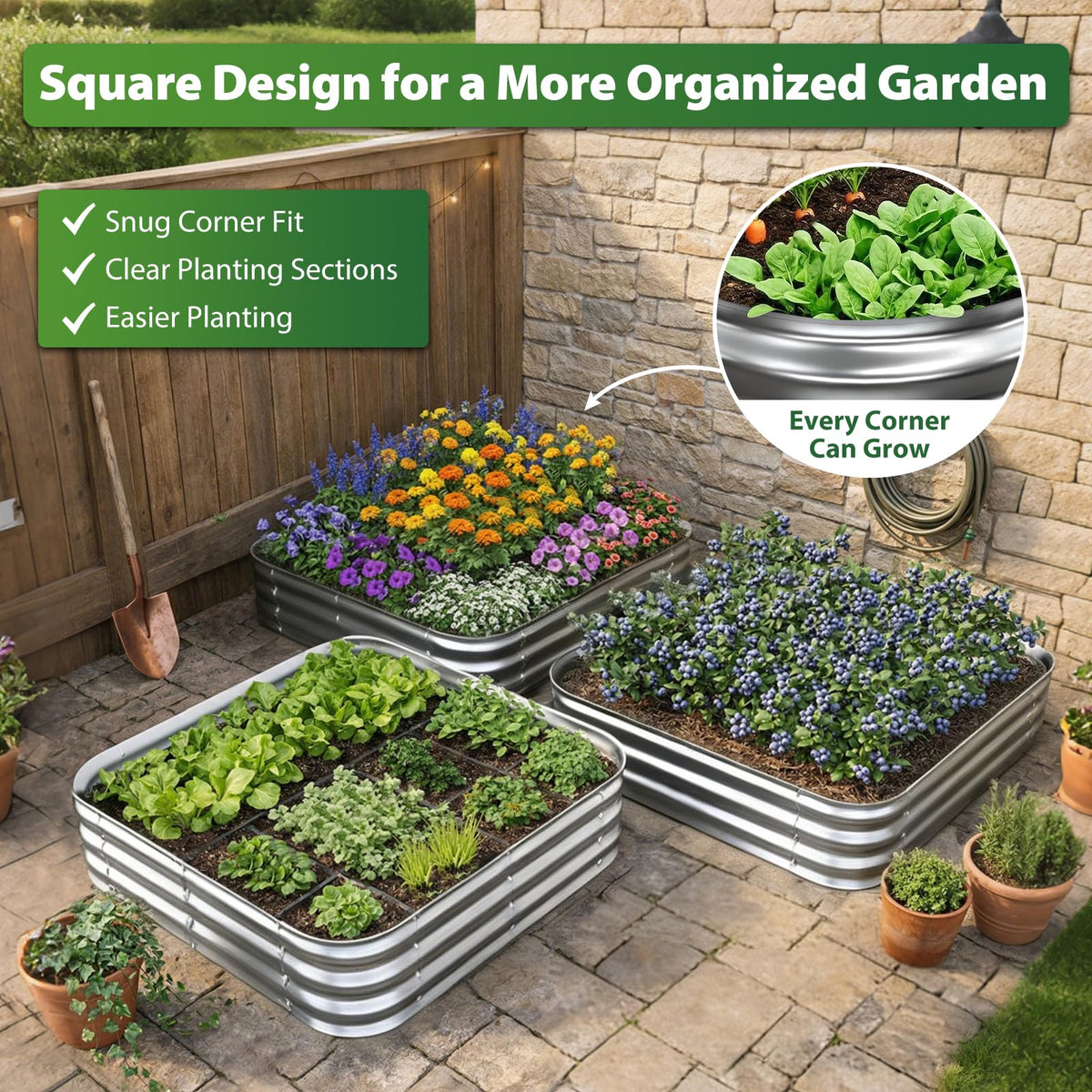 Square Raised Garden Bed 4x4 ft for Vegetables, Herbs & Flowers, 12" Deep