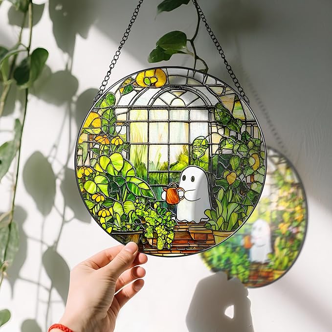 LAOWEIKI 8'' Halloween Ghost Greenhouse Sun Catcher Ornament, Stained Glass Window Hanging, Sun Catchers for Windows Hanging Ornaments, Window Decor, Holiday Present, Ideal Gift | Plant Lovers Gifts