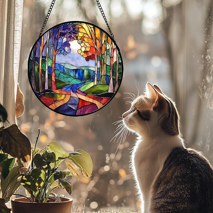 Stained Glass Window Hanging, Colorful Forest Landscape Tree Suncatcher for Doors Window Home Abstract Sun Catchers Decoration Mother's Day Birthday Gifts for Women, Men, and Mom 11.8 in