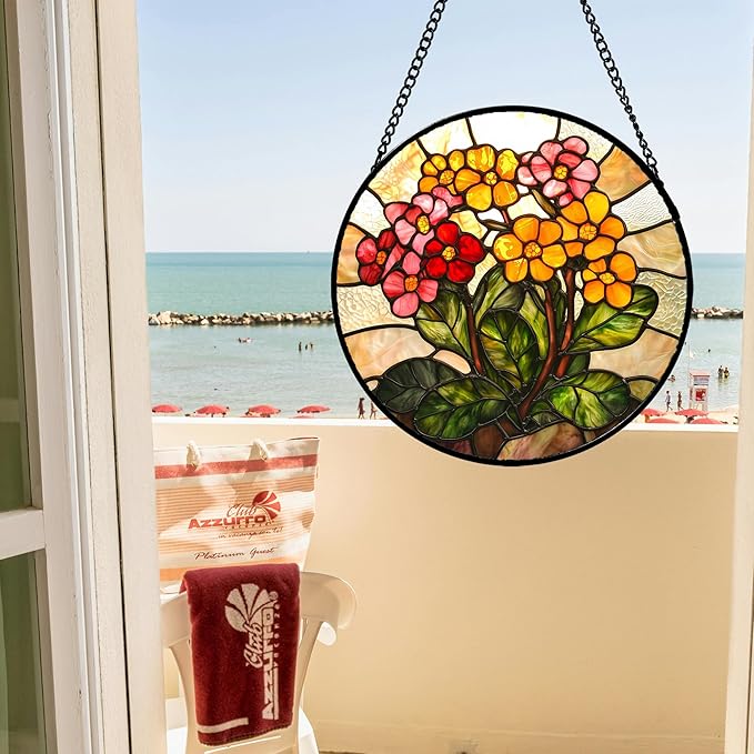AMDERVEN Stained Glass Window Hanging, Yellow Red Flowers Sun Catcher for Window Door Home Decor Green Plant Suncatcher Christmas Mother's Day Birthday Gifts for Women Men Mom and Nana 9.8 in