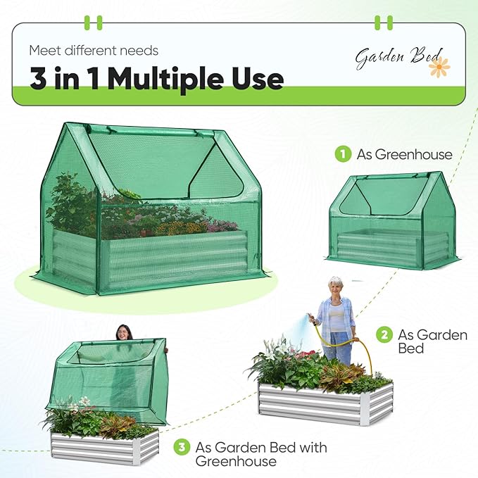 Quictent Raised Garden Bed with Cover Outdoor Galvanized Steel Planter Box Kit with Greenhouse Large Zipper Window Dual Use, 20pcs T-Type Tags & 1 Pair of Gloves Included 4x2.5x1 FT (Green)