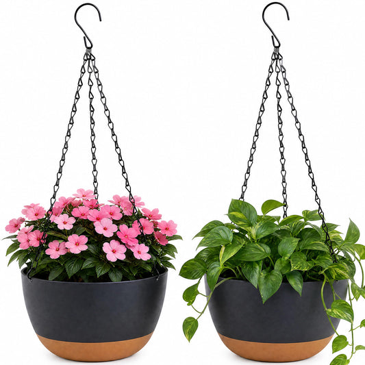 HSYBLZK 11.4 Inch, 2-Pack Large Self Watering Hanging Planters, Durable Resin Pots for Indoor Outdoor Plants with Detachable Bottom, Water Storage, Breathable Drainage (Dark Gray, 2)