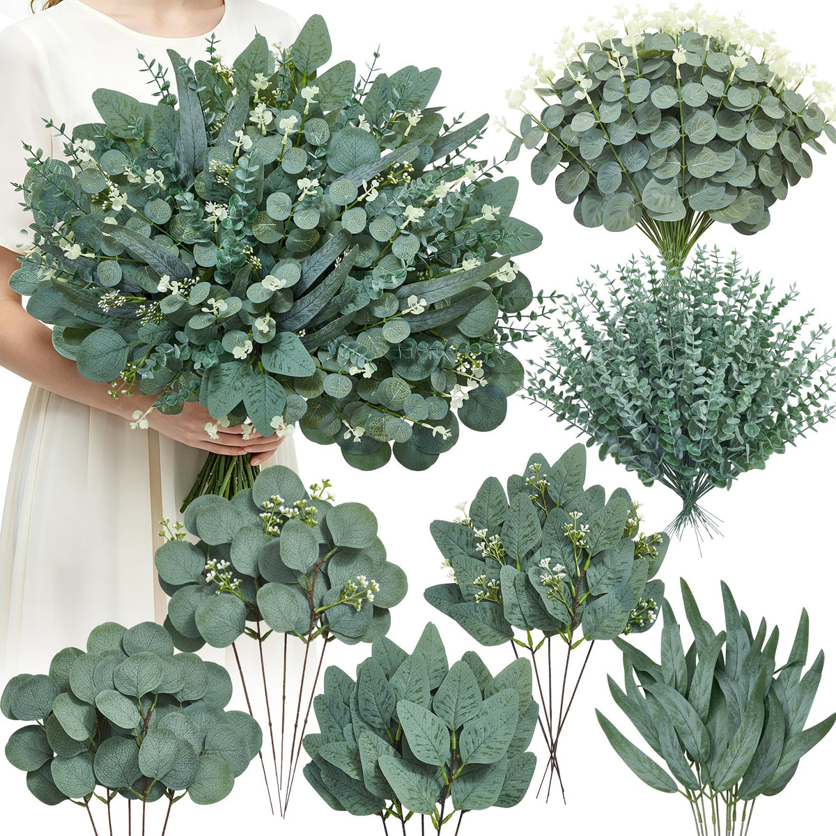 Serwalin 180 Pcs 7 Kinds Mixed Artificial Eucalyptus Stems Faux Greenery