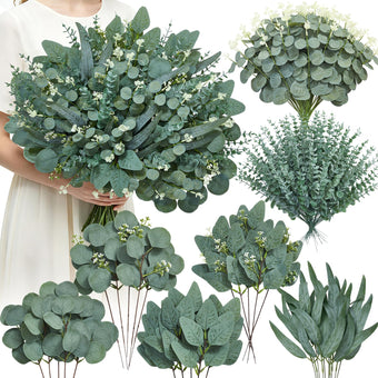 Serwalin 180 Pcs 7 Kinds Mixed Artificial Eucalyptus Stems Faux Greenery