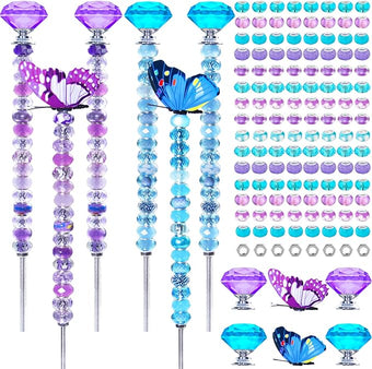 145 PCS Beaded Garden Stakes Kit, DIY Fairy Wand Garden Stake Beads Kits with Assortment Large Hole Beads 4 Crystal Stopper Top 2 Butterfly Tops and Threaded Rods for Outdoor Indoor Decor