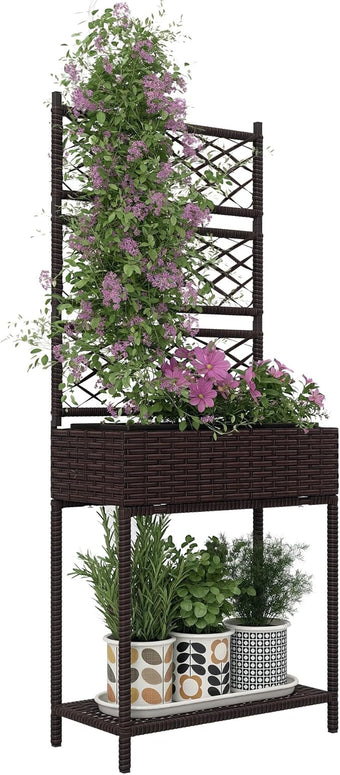 Outsunny Raised Garden Bed with Trellis, Outdoor Wicker Planter, Freestanding Rattan Planter Stand with Storage Shelf for Climbing Plants, Flowers, Herbs, Vegetables, Brown