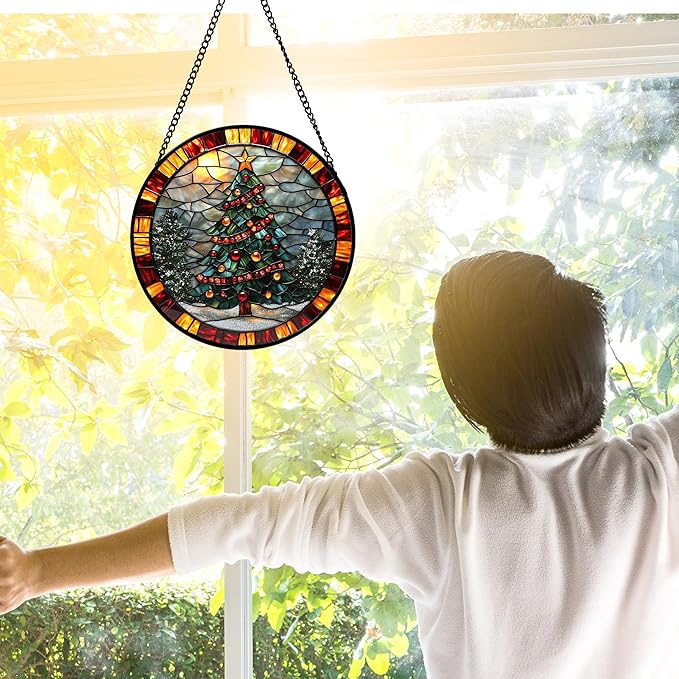 Stained Glass Window Hanging - Winter Christmas Tree Suncatcher Ready to Hang Window Doors Home Decoration, Christmas, Mother's Day Birthday Gifts for Women, Men, and Mom 6.3x6.3 in