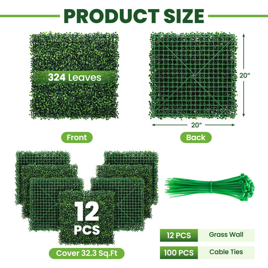 Ticanros Grass Wall Panel 12 Pack 20"x20" Artificial Boxwood Hedge Plant Wall, Greenery Walls, Artificial Grass Backdrop, Privacy Hedge Screen Faux Boxwood for Outdoor,Indoor,Garden,Fence,Backyard