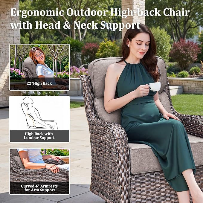 Luxury High Back Patio Furniture Set with 6-Inch Thick Cushions, 4-Pieces Outdoor Furniture with Swivel Chairs, Wicker Conversation Set for Porch, Balcony, Deck and Yard, Brown/Grey