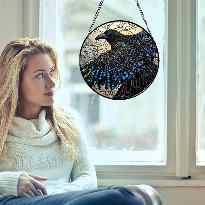 Stained Glass Window Hanging - Black Crow Big Wings Suncatcher for Doors Garden Patio Bird Sun Catchers Decor Christmas Mother's Day Birthday Gifts for Women Men Mom Nana Friend 15 in