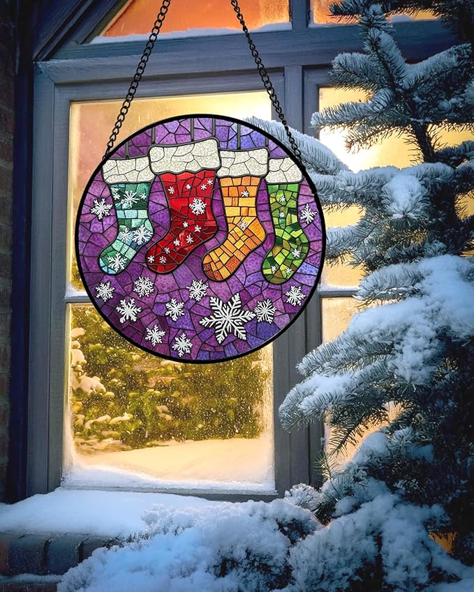 Stained Glass Window Hanging - Christmas Stockings Suncatcher for Doors Home Christmas Decoration Winter Sun Catcher Thanksgiving New Year Birthday Gifts for Women Men Mom Nana Girl 6.3 in