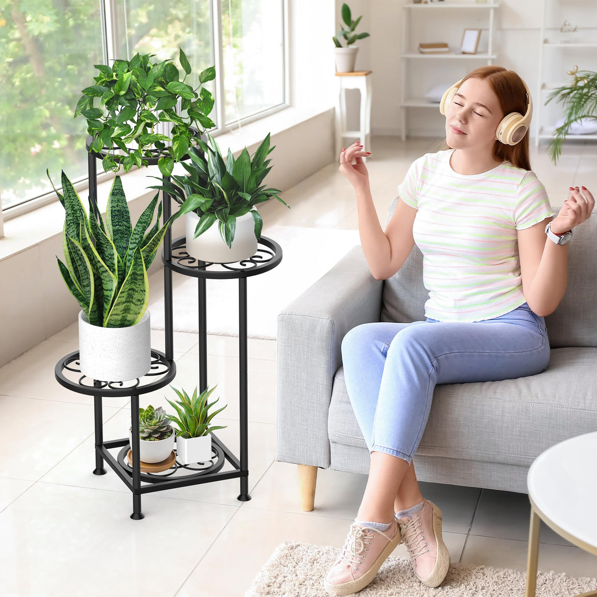 YOCOMEY 4 Tier Plant Stand Indoor Outdoor, Metal Shelf Holder Corner Black