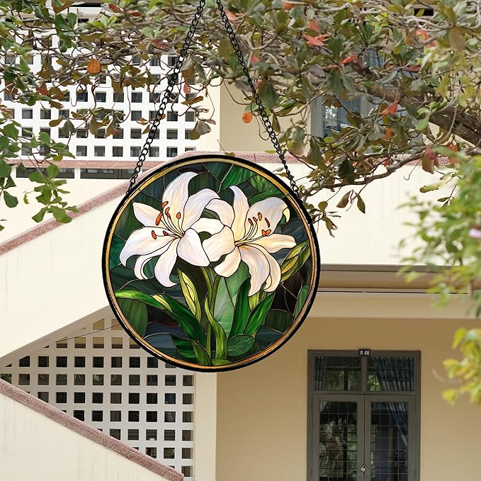 Stained Glass Window Hanging, White Lily Suncatcher for Door Garden Patio Birth Flower Green Plant Sun Catchers Decor Christmas Mother's Day Birthday Gifts for Women Mom Nana Friend 15 in