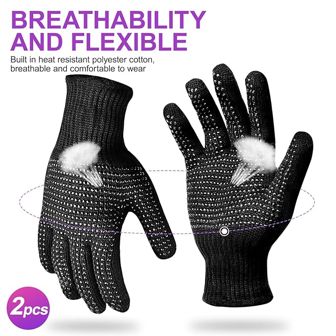Sopito Heat Resistant Gloves with Silicone Bumps, Professional Heat Gloves for Hair Styling Curling Iron Wand Flat Iron, Black
