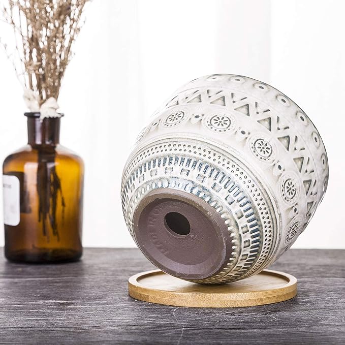 VanEnjoy 5.6 inch Large Round Bohemian Style Ceramic Planter, Geometry Engrave Off White Brown Succulent Planter Flower Pot, Indoor Outdoor Decorative Planter