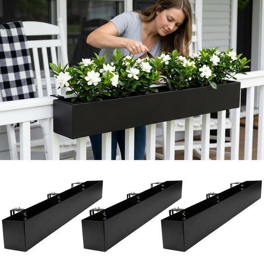 LaLaGreen Railing Planter Box (36 Inch, 3 Pack) Black Metal Rectangular Hanging Flower Boxes with Brackets, Large Planters for Outdoor Plants Deck Railings Fence Balcony Patio Porch Over Rail Garden