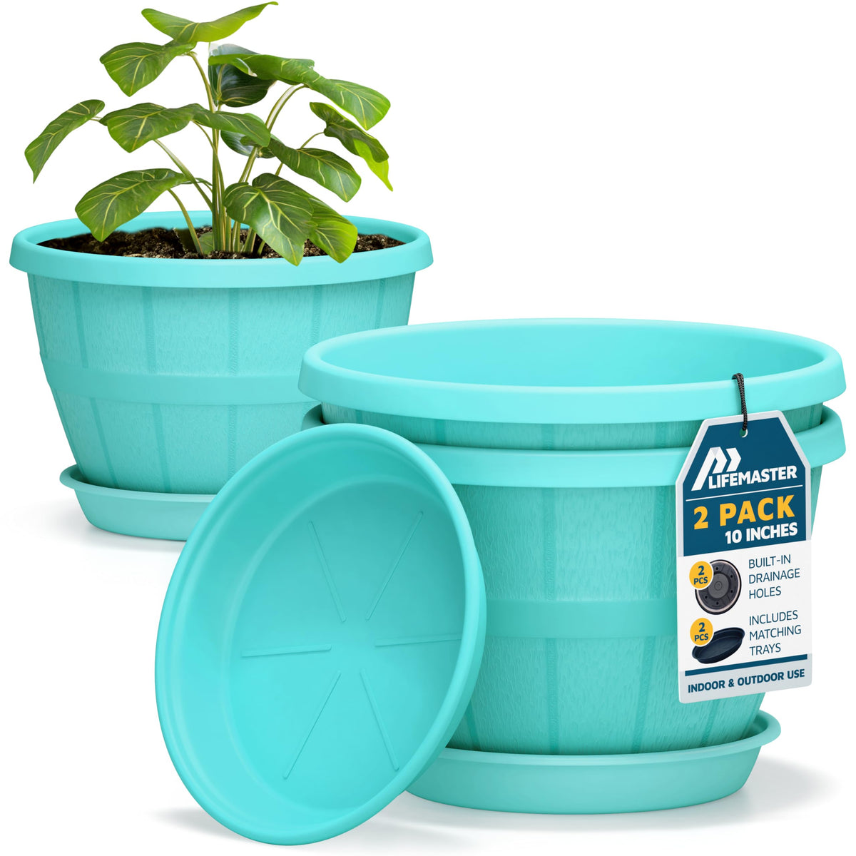 10-Inch Whiskey Barrel Planters Outdoor Pack of 2 - Durable Plastic Plant Pots for Indoor & Outdoor Use with Drainage & Saucer, Lightweight Rustic Barrel Planters for Flowers, Herbs & Small Plants