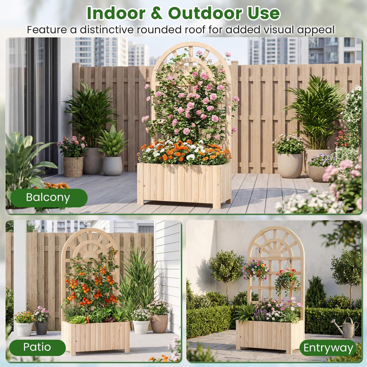 Happygrill Wooden Raised Garden Bed with Trellis & Privacy Screen