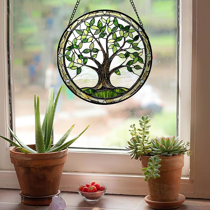 AMDERVEN Stained Glass Window Hanging - Brown Tree Trunk Green Leaves Sun Catcher for Door Garden Home Decor Plant Suncatcher Christmas Mother's Day Birthday Gifts for Women Men Mom Nana 15 in