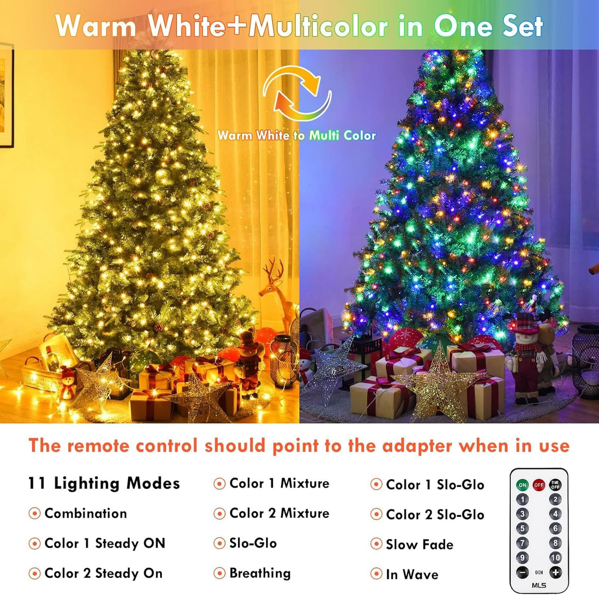 100 LED Connectable String Lights with Remote, Warm White to Multicolor