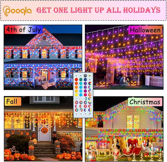 Pooqla Color Changing Icicle Lights with Remote, 35 Colors Christmas Icicle Lights, 360 LED 58.2FT RGB Waterproof Hanging String Lights for Roof Window Home Party Easter Valentines Outdoor Decor
