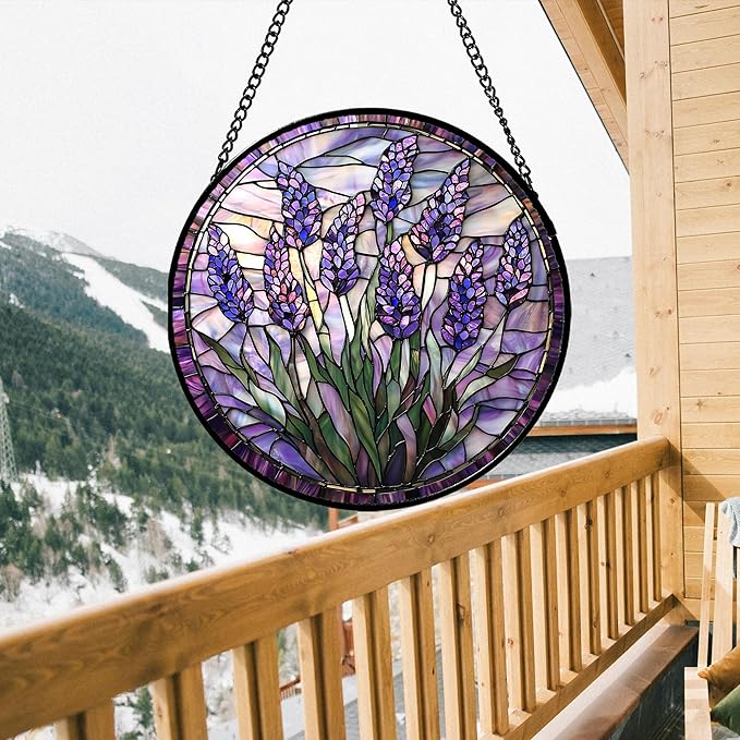 JOSUMALY Stained Glass Window Hanging - Purple Flowers Suncatcher for Door Terrace Garden Home Decor Lavender Plant Floral Sun Catcher Birthday Gifts for Lovers Women Men Dad Mom Nana 11.8 in