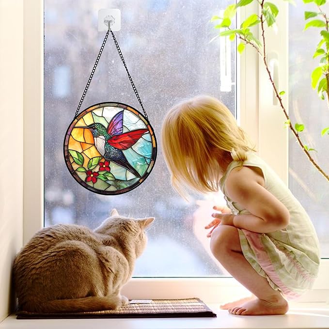 Stained Glass Window Hanging, Hummingbird Gifts Sun Catchers Diamond Glass Panel Hangings Birds Suncatcher Decor for Birthday for Women, Men, Wife, Aunt, and Mom 11.8x11.8 in