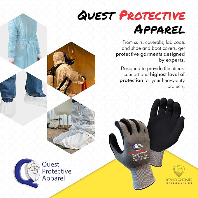 Quest Protective Apparel Cut Resistant Work Gloves (ANSI A1) – Lightweight Graphene Gloves for Gardening, DIY, Mechanical & General Handling – Breathable Grip Gloves for Men & Women – Large, Pack of 3