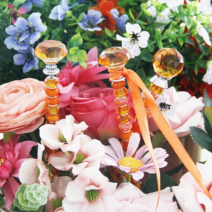 119 Pcs Garden Stake DIY Fairy Wand Plant Stake with Orange Large Hole Beads Crystal Diamond Stopper Top 4 Stainless Steel Threaded Rod Beaded Garden Stakes for Outdoor Indoor Yard Patio Decorations