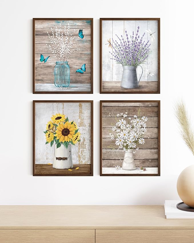 HAUS AND HUES Flower Wall Decor - Set of 4 Framed Floral Art Prints, Botanical Flower Paintings, Elegant Wall Decor for Bedroom or Living Room (Walnut Frame, 11x14)