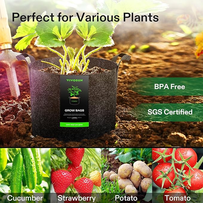 VIVOSUN 5-Pack 3 Gallon Plant Grow Bags Heavy Duty Thickened Nonwoven Fabric Pots with Handles