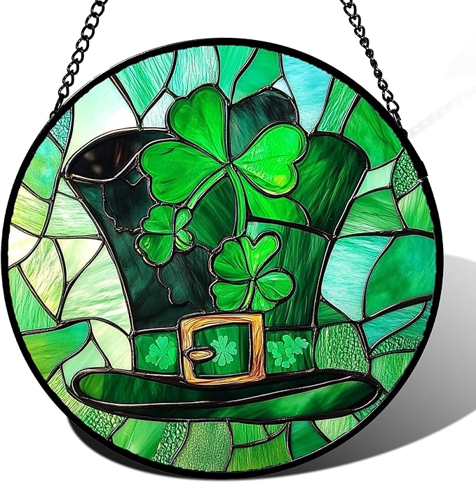 QZQCBLC Stained Glass Window Hanging Green Lucky Clover Hat 9.8" - Suncatcher Door Garden Sun Catcher Ireland Decor Birthday Mother's St. Ripack's Day Gift for Woman Mom Men Friend Nana Wife
