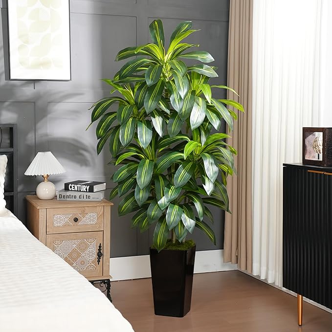 Keeplush 6FT Artificial Dracaena Tree - High-Density Foliage Fake Plant with Black Tall Planter - Faux Yucca Floor Plant for Home Office Decor Indoor